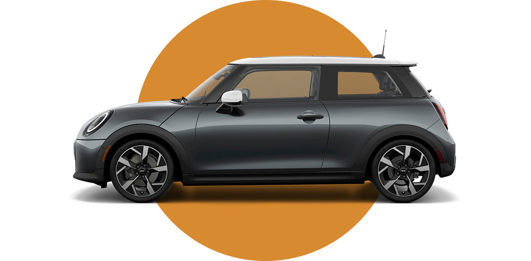 Side view of a MINI Cooper 2 Door in the Legend Gray body color, facing left with its shadow underneath it.