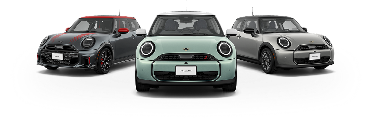 Angled exterior views of the MINI JCW 2 Door, MINI Cooper 2 Door, and MINI Cooper S 2 Door.
