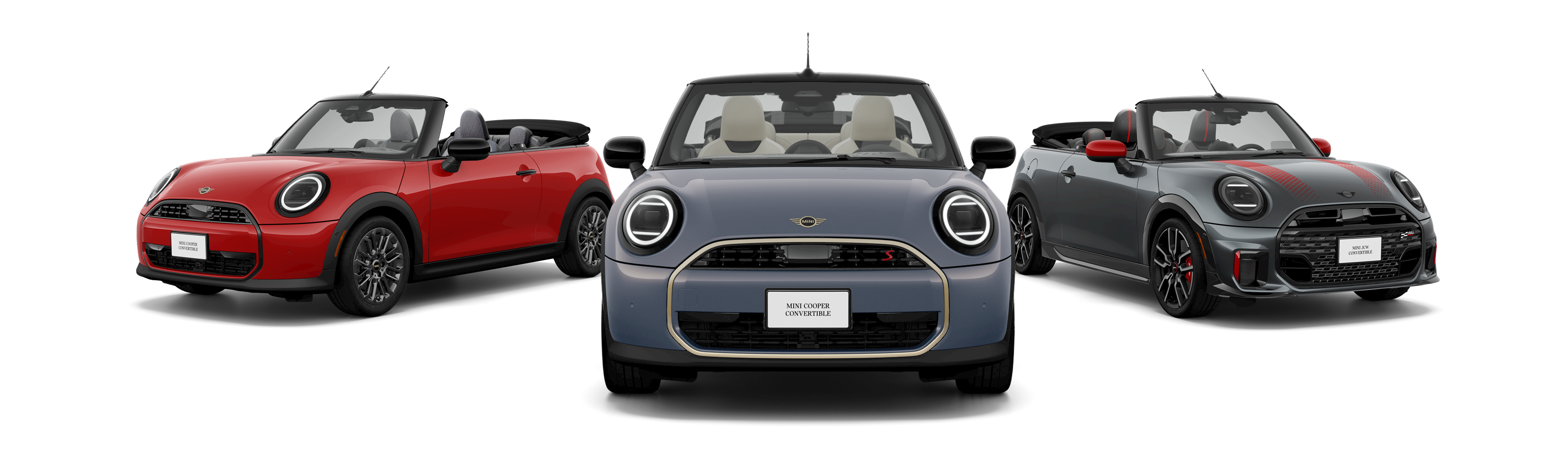 Angled exterior views of the MINI Cooper Convertible, MINI Cooper S Convertible, and John Cooper Works Convertible.