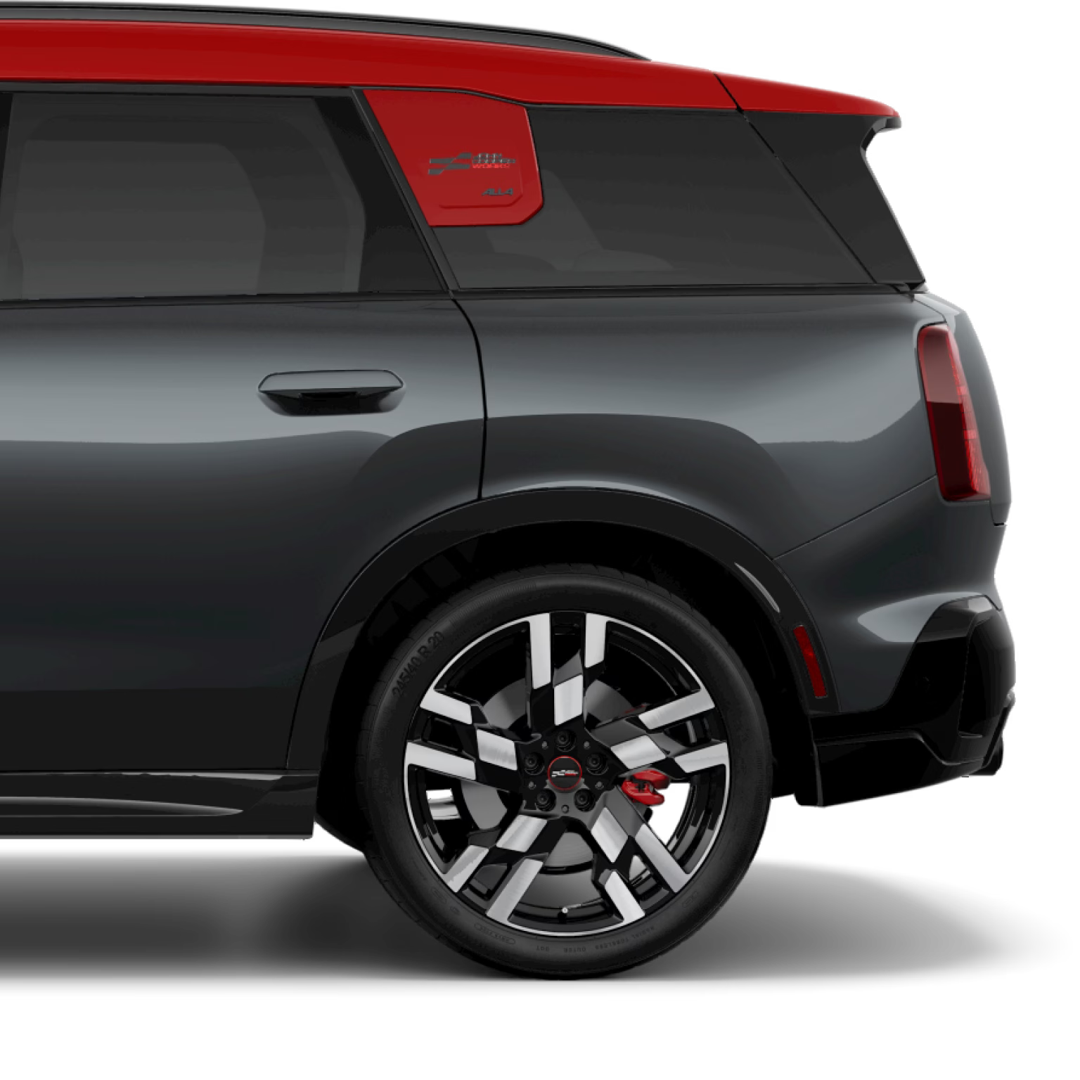 Side view of rear half of a MINI JCW Countryman All4.