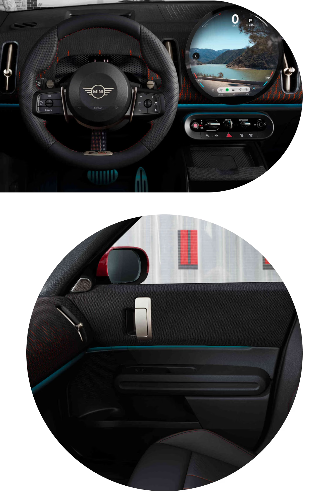View of a MINI JCW Countryman ALL4’s sports steering wheel from the perspective of the driver’s seat. | View of the front passenger’s door within a MINI JCW Countryman ALL4 from the perspective of the driver’s seat.