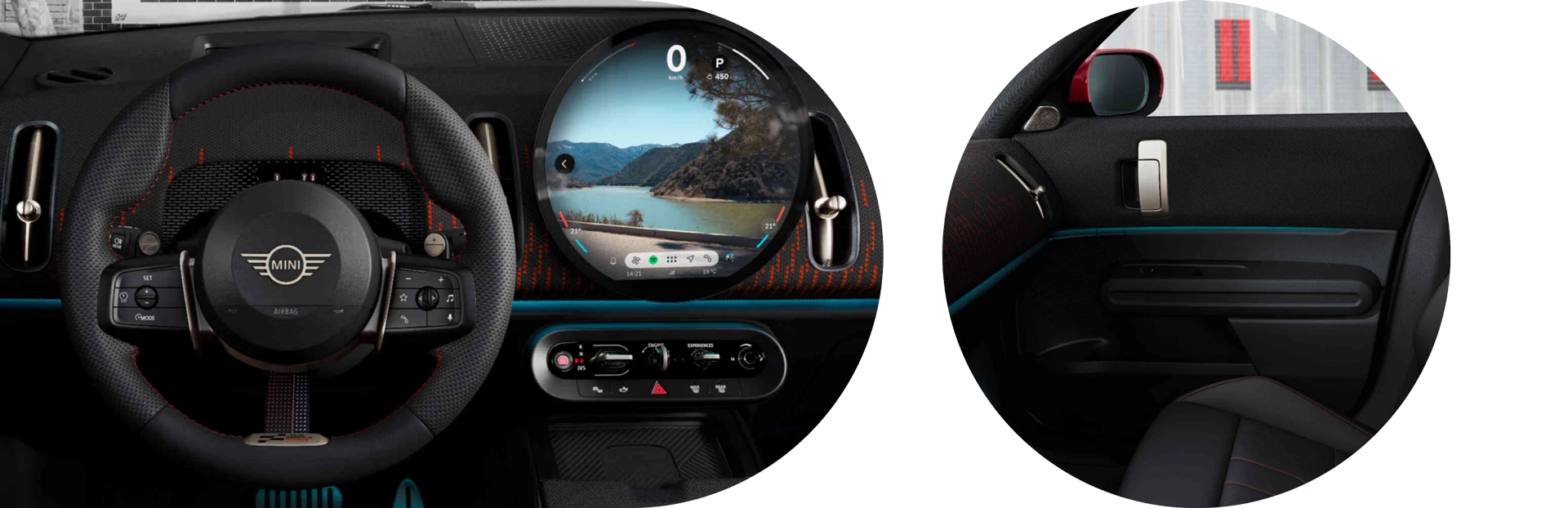 View of a MINI JCW Countryman ALL4’s sports steering wheel from the perspective of the driver’s seat. | View of the front passenger’s door within a MINI JCW Countryman ALL4 from the perspective of the driver’s seat.