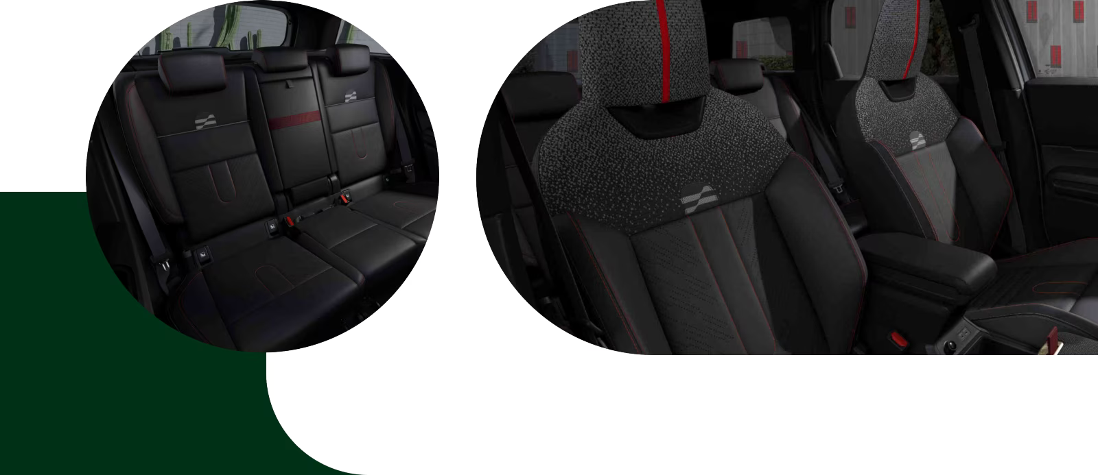 View of the perforated Vescin back-row seating in a MINI JCW Countryman ALL4 from the perspective of the front row. | View of the perforated Vescin seating of a MINI JCW Countryman ALL4 from the perspective of the front passenger’s seat.