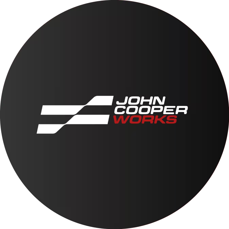 MINI “John Cooper Works” badge, including white “JOHN COOPER WORKS” text stacked on top of each other beside a wavy red flag motif, in front of a black background.