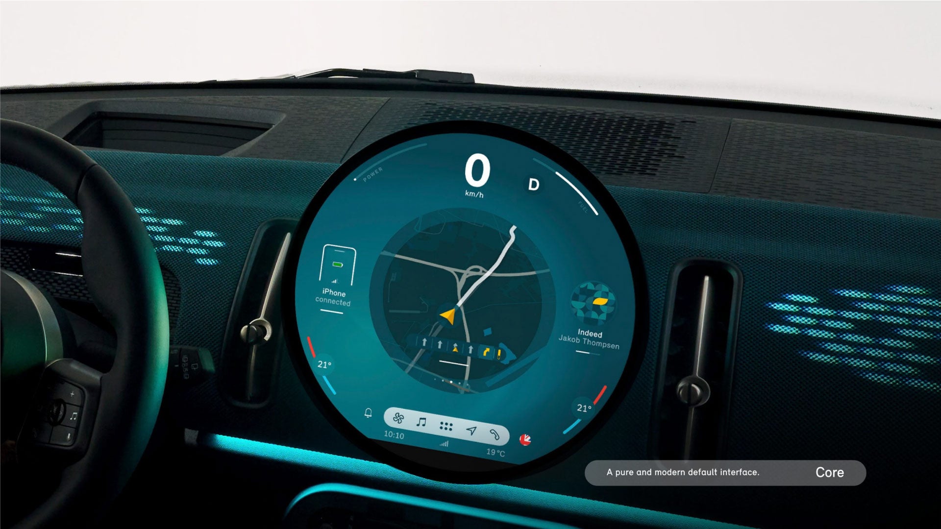 Closeup view of the MINI Countryman S ALL4 9.4” round center information OLED display interface.