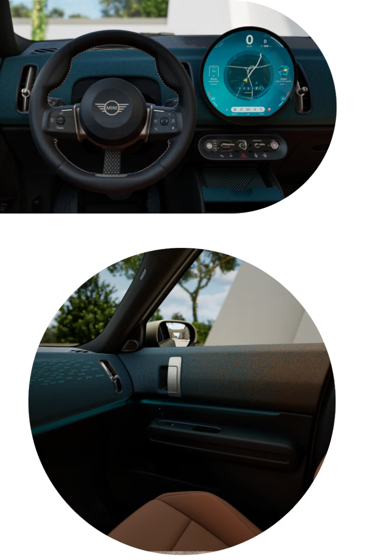 View of the dashboard of a MINI Countryman S ALL4. | View of the front passenger’s door within a MINI Countryman S ALL4 from the perspective of the driver’s seat.