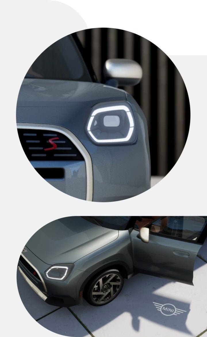 Closeup view of a side-mirror on a MINI Countryman S ALL4. | Overhead front view of a MINI Countryman S ALL4 with driver side door open and shadow underneath the vehicle.