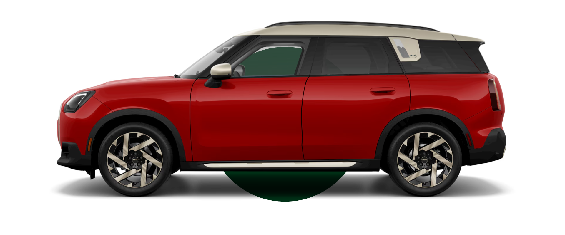 Side view of a MINI Countryman S ALL4 in the Chili Red body color, facing left with its shadow underneath it.